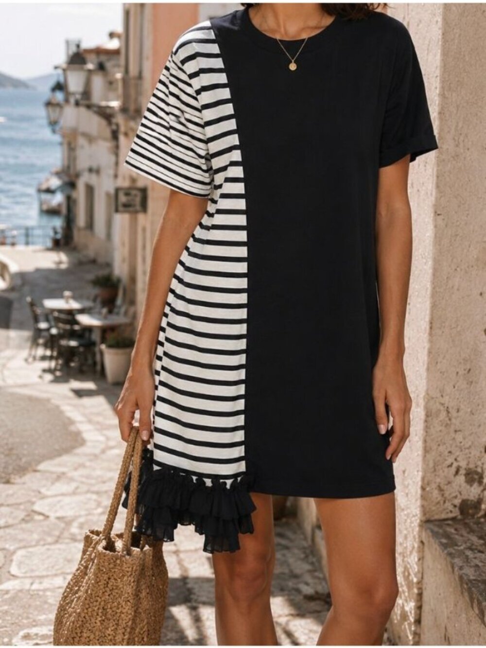Maille CLU Navy Blue Mix Media Side Draped Dress S Coastal Asymmetrical